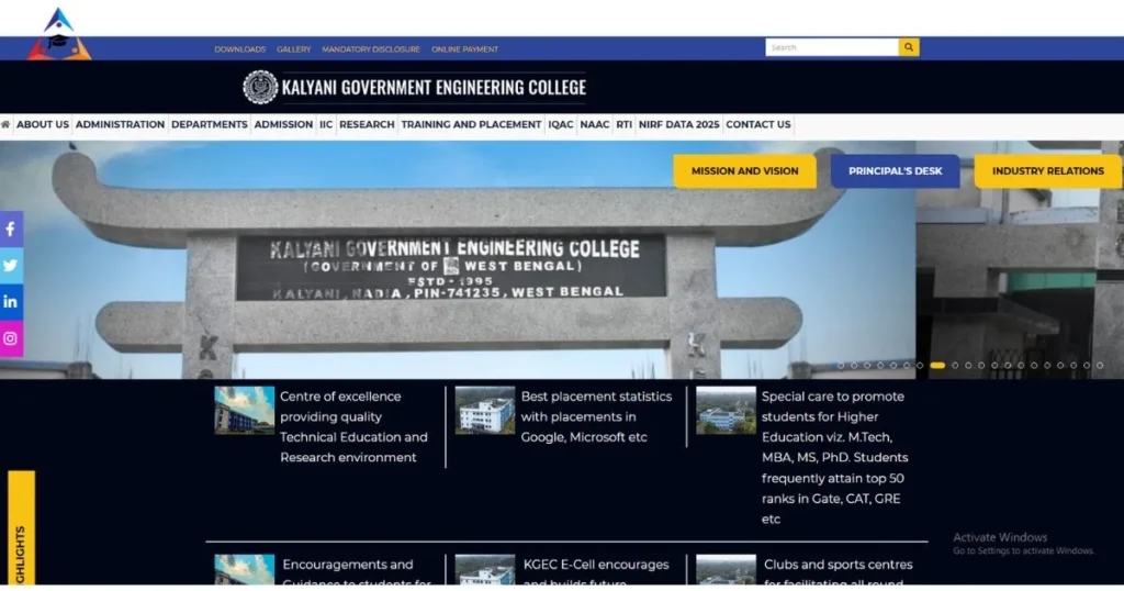 Official website of Kalyani Government Engineering College showing admission and placement highlights