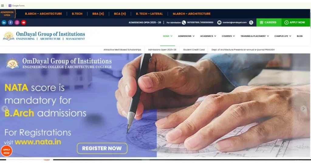 alt="Official website screenshot of OmDayal Group of Institutions showing NATA-based B.Arch admission notice for 2025–26"