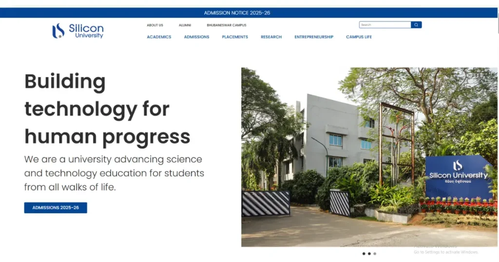 Silicon Institute of Technology, Bhubaneswar campus main gate and building – official screenshot from university websit