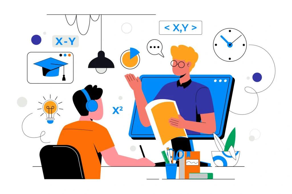 A student receiving academic guidance from a mentor during an online learning session.